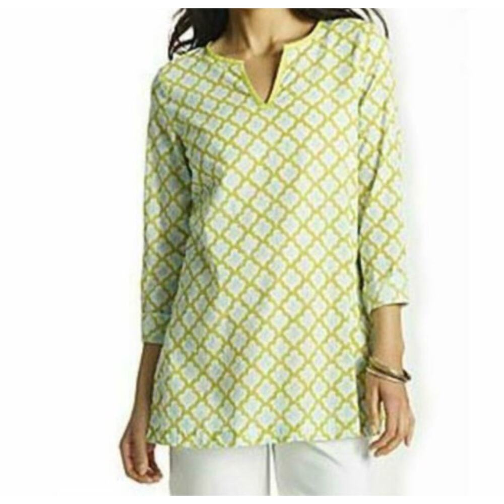 J Jill Lightweight Split Neck Tunic Green Motif Sz XL Pure Jill